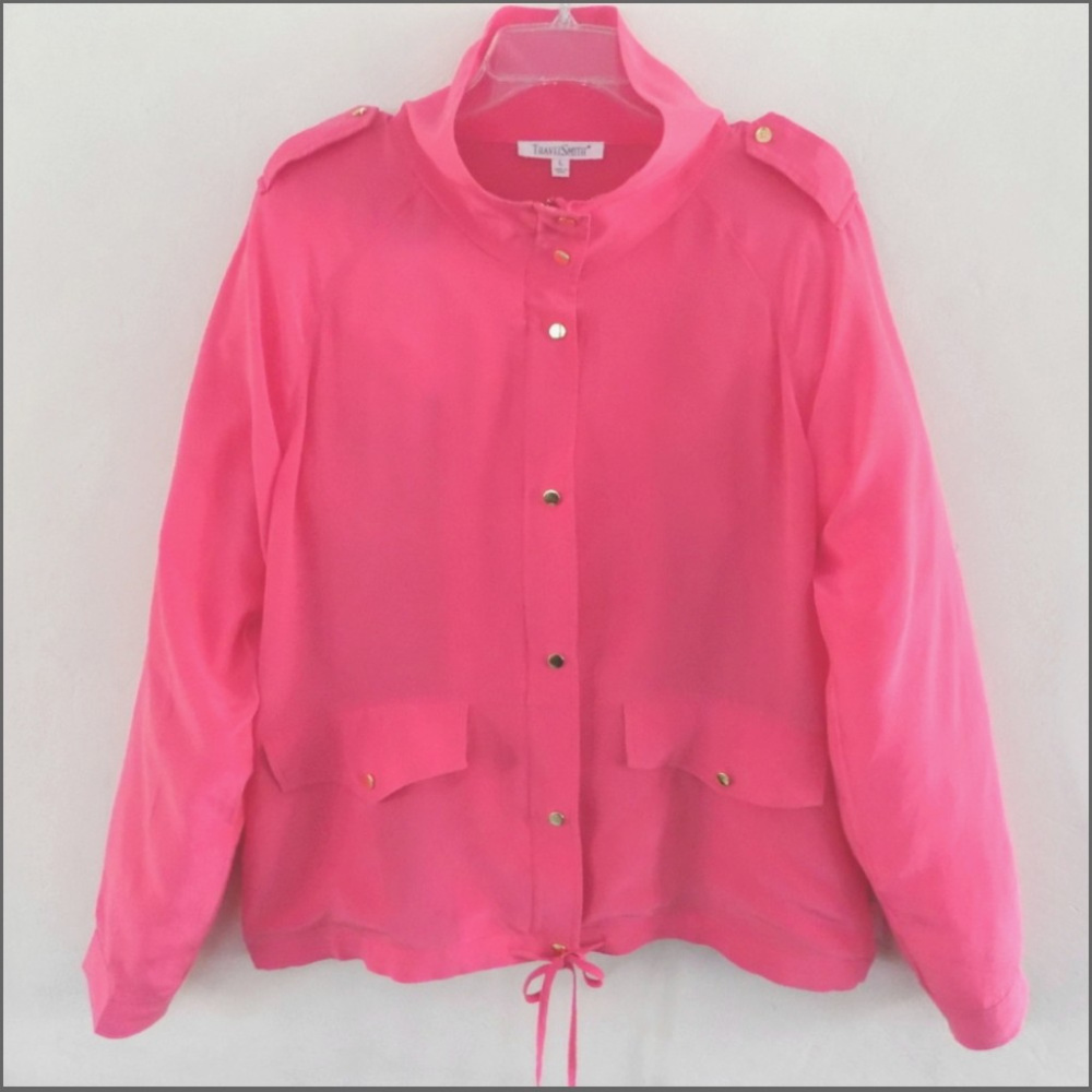 Casual silk jacket L Pink Pockets Zip Snaps Light Tie Epaulettes Travel Large